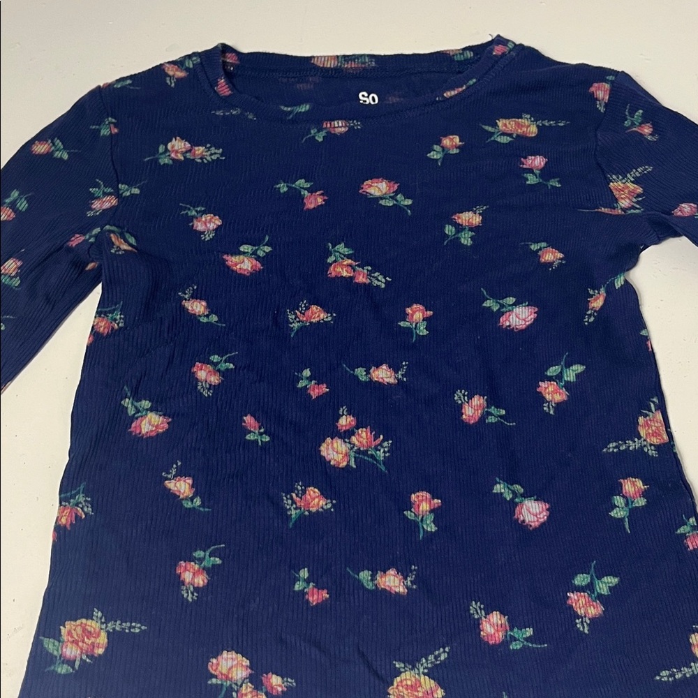 SO Medium Navy Blue Long Sleeve Floral Print Lettuce Edge Hem Stretchy Blouse - Picture 4 of 5